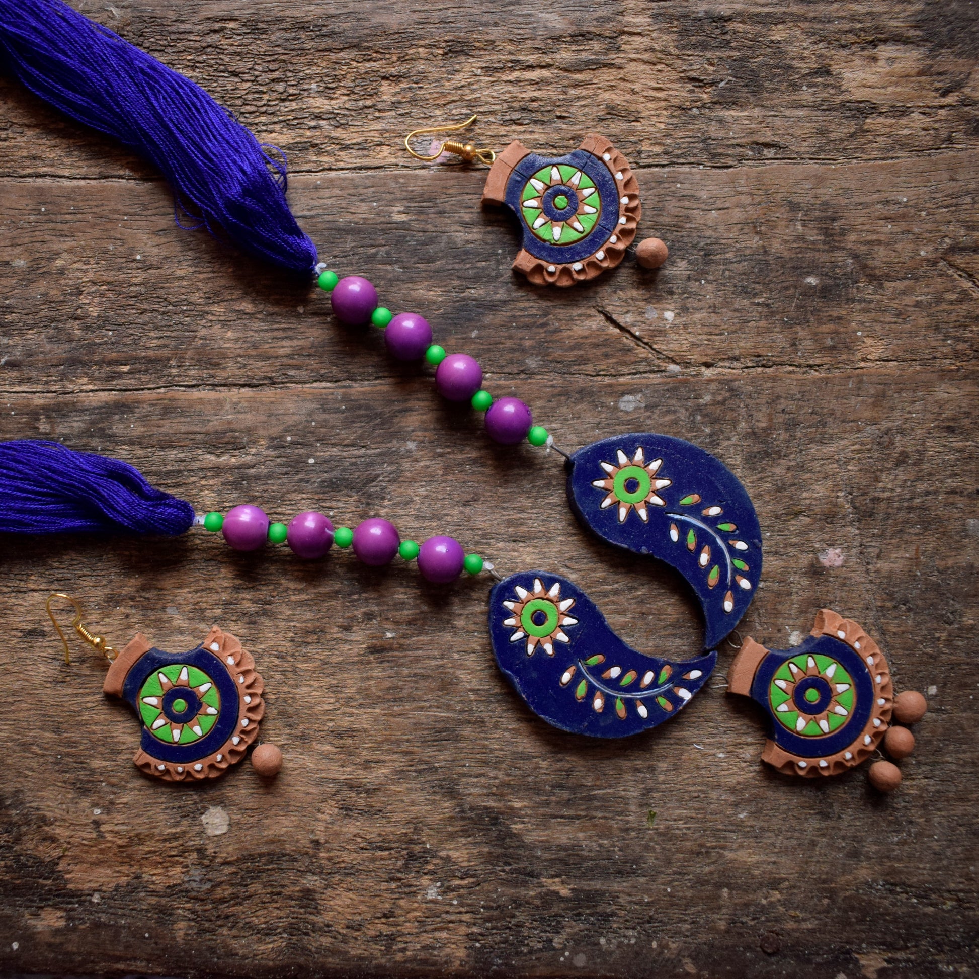 Handcrafted Terracotta Thread Bead Necklace with Earrings - GlitterGleam