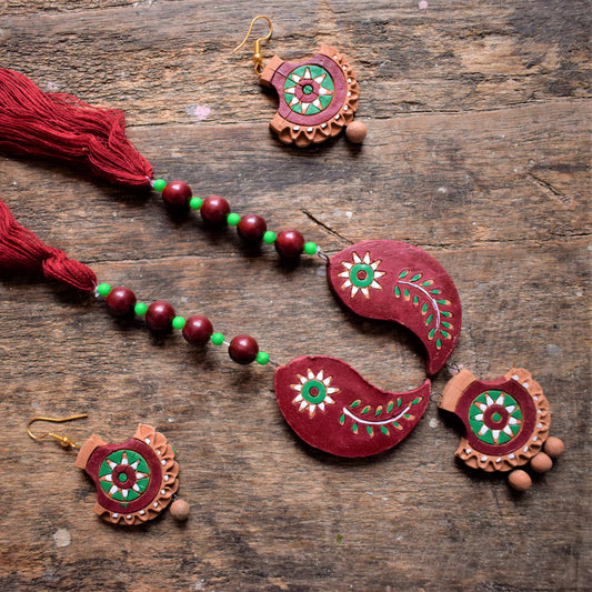 Handcrafted Terracotta Thread Bead Necklace with Earrings - GlitterGleam