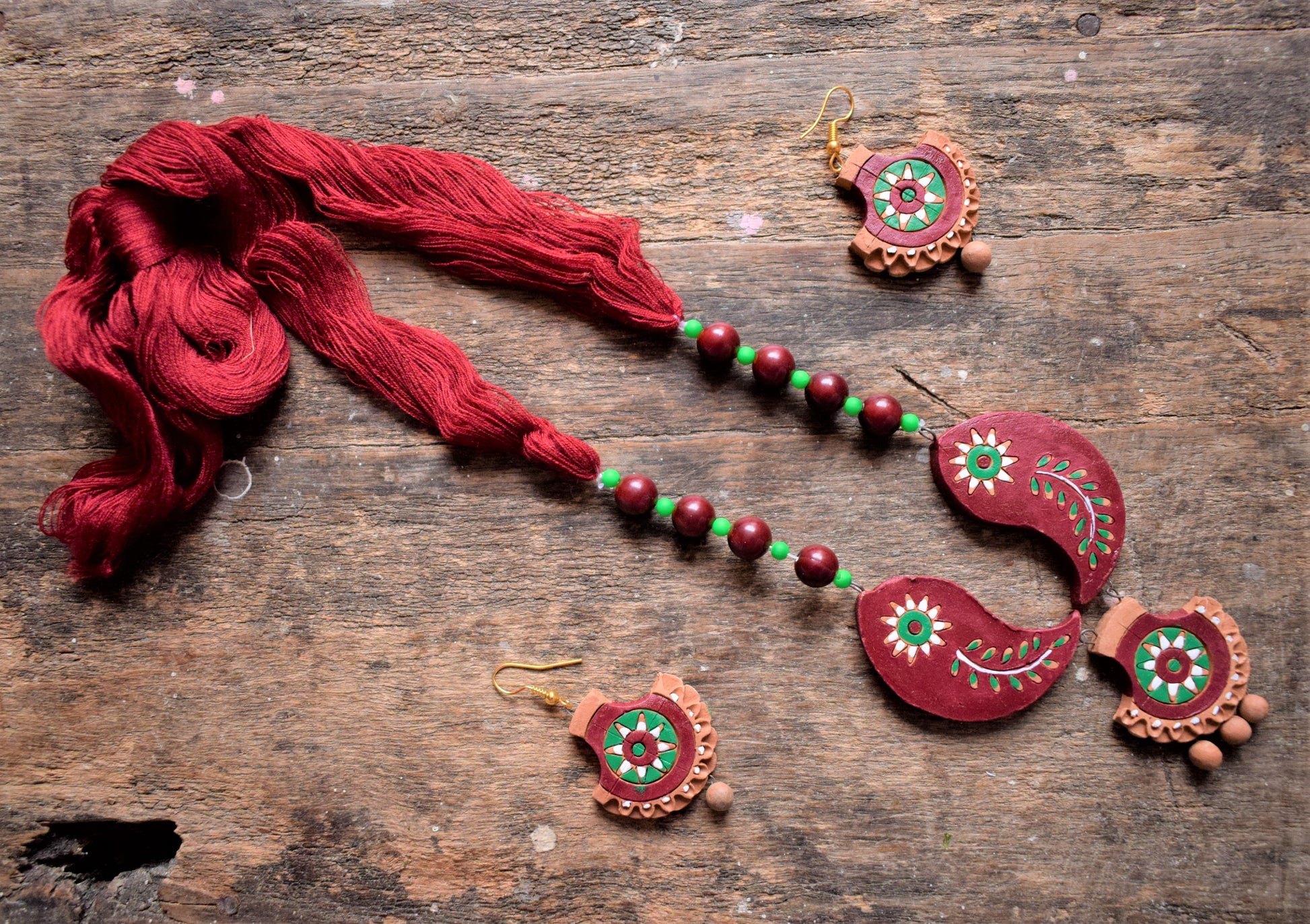 Handcrafted Terracotta Thread Bead Necklace with Earrings - GlitterGleam