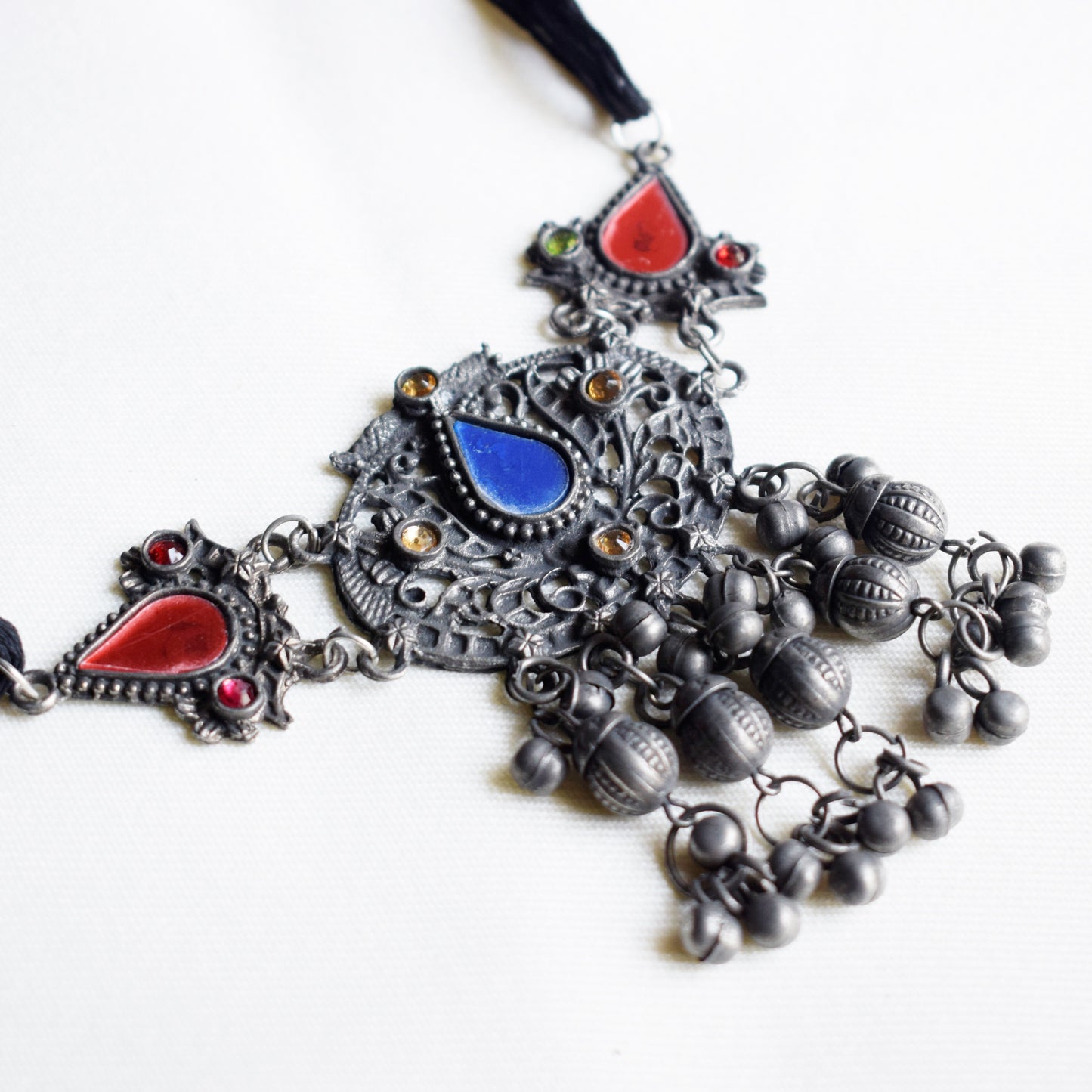 Antique Afghani Silver Oxidised Half Choker Necklace with Earrings