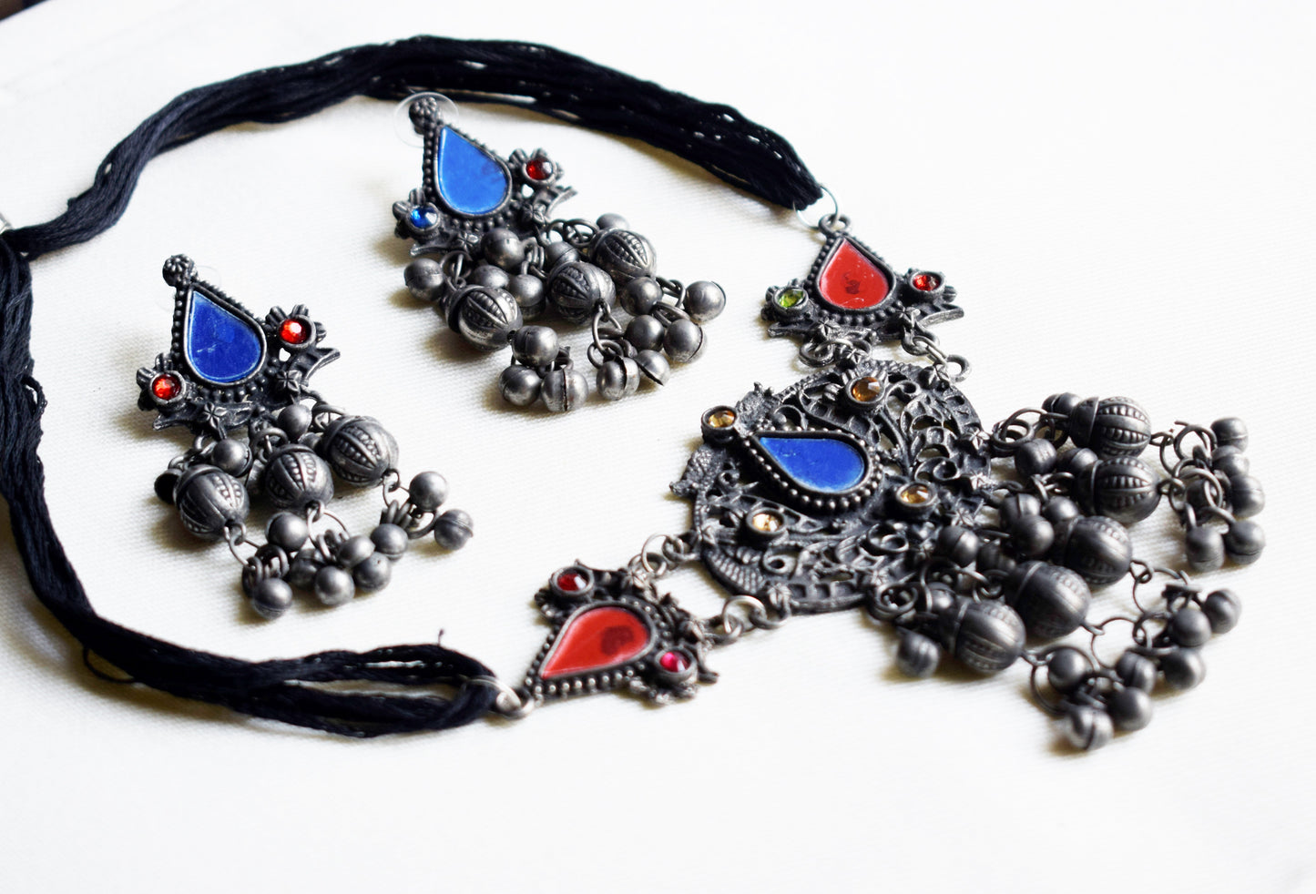 Antique Afghani Silver Oxidised Half Choker Necklace with Earrings