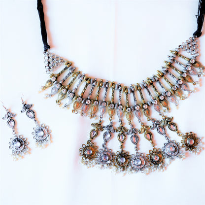 Tribal Bead Choker Necklace Set with Floral Tassels
