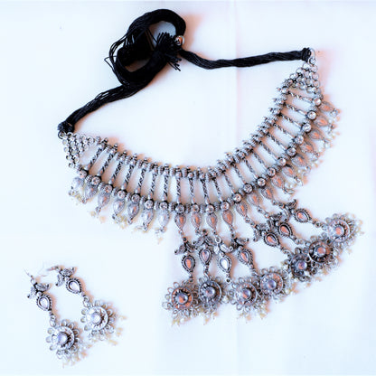 Tribal Bead Choker Necklace Set with Floral Tassels