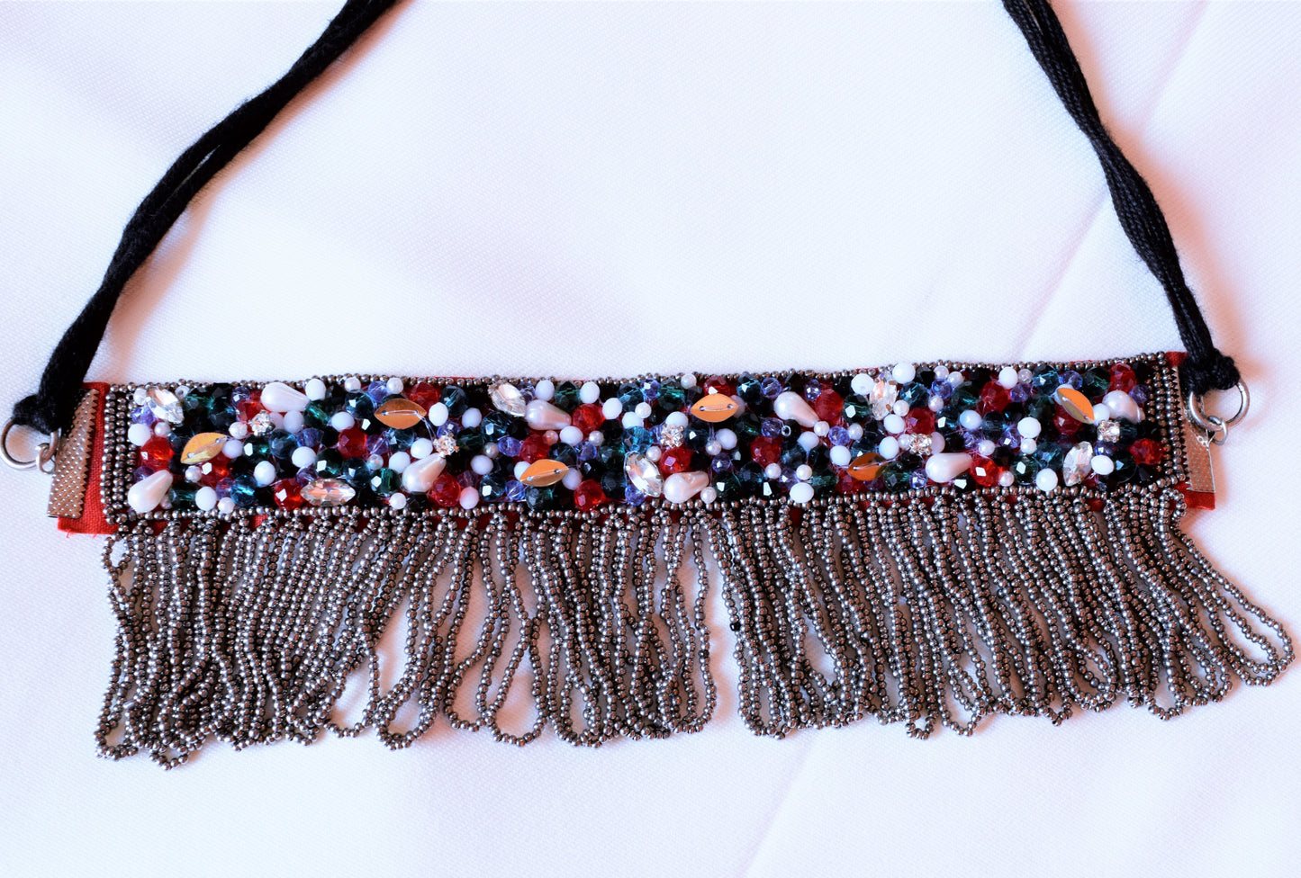 Handcrafted Bead and Crystal Maroon Fabric Choker Necklace with Earrings