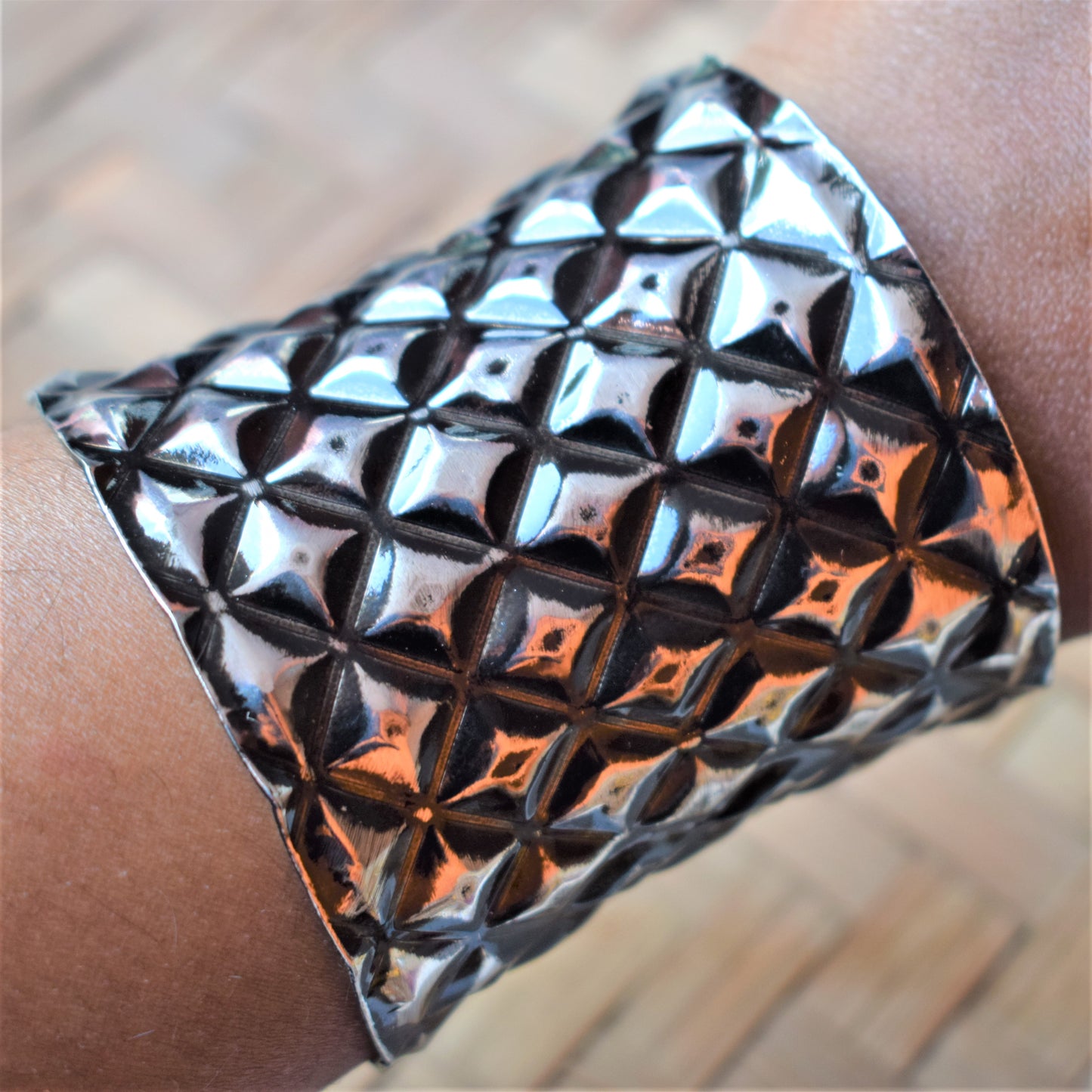 Copper and Silver Oxidised Patterned Embossed Tribal Cuff Bracelet - GlitterGleam