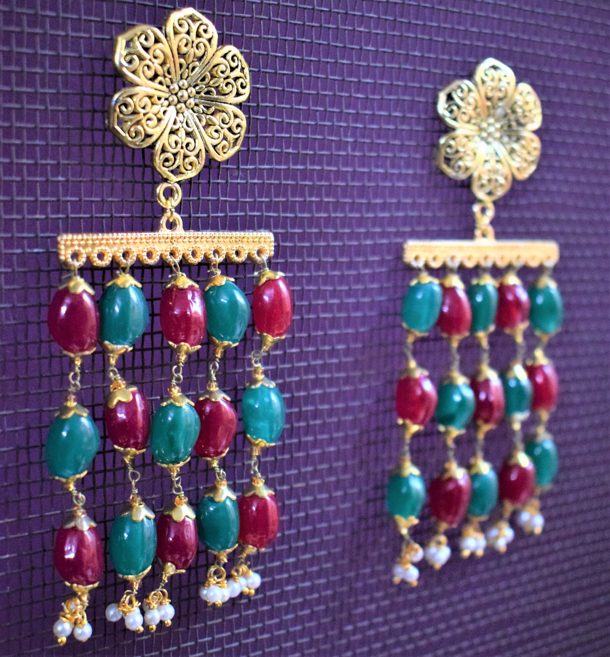 Designer Ruby and Emerald Tassel Golden Earring - GlitterGleam