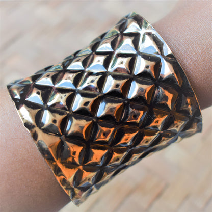 Copper and Silver Oxidised Patterned Embossed Tribal Cuff Bracelet - GlitterGleam