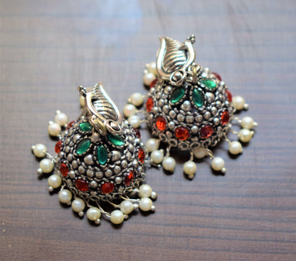 Silver Oxidised Peacock Embedded Jhumki - GlitterGleam
