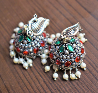 Silver Oxidised Peacock Embedded Jhumki - GlitterGleam