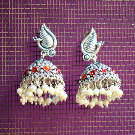 Silver Oxidised Peacock Embedded Jhumki - GlitterGleam