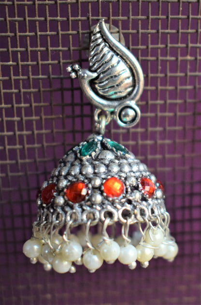 Silver Oxidised Peacock Embedded Jhumki - GlitterGleam