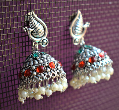 Silver Oxidised Peacock Embedded Jhumki - GlitterGleam