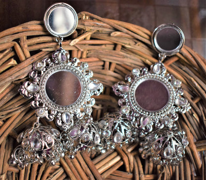 Designer Kundan and Mirror Silver Jhumki Earrings - GlitterGleam