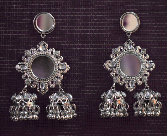 Designer Kundan and Mirror Silver Jhumki Earrings - GlitterGleam