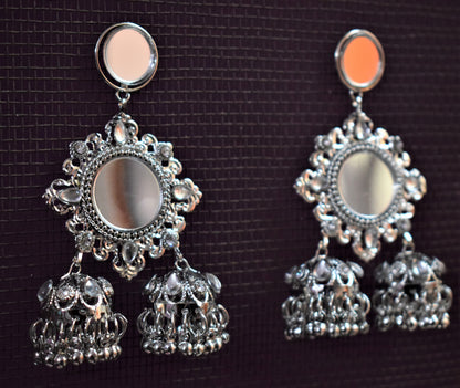 Designer Kundan and Mirror Silver Jhumki Earrings - GlitterGleam