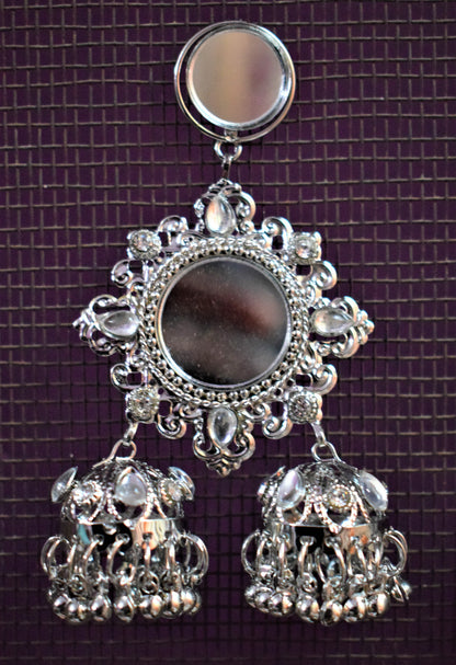 Designer Kundan and Mirror Silver Jhumki Earrings - GlitterGleam