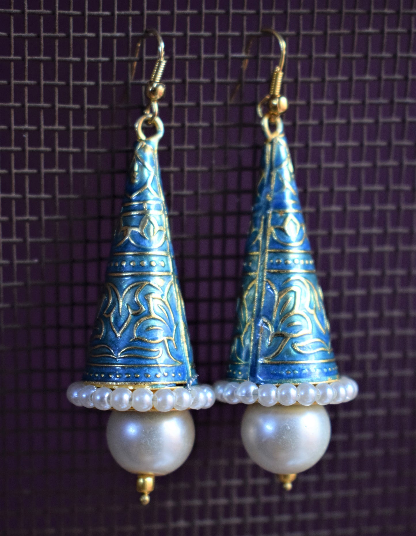 Meenakari Cone Earrings with Pearls - GlitterGleam