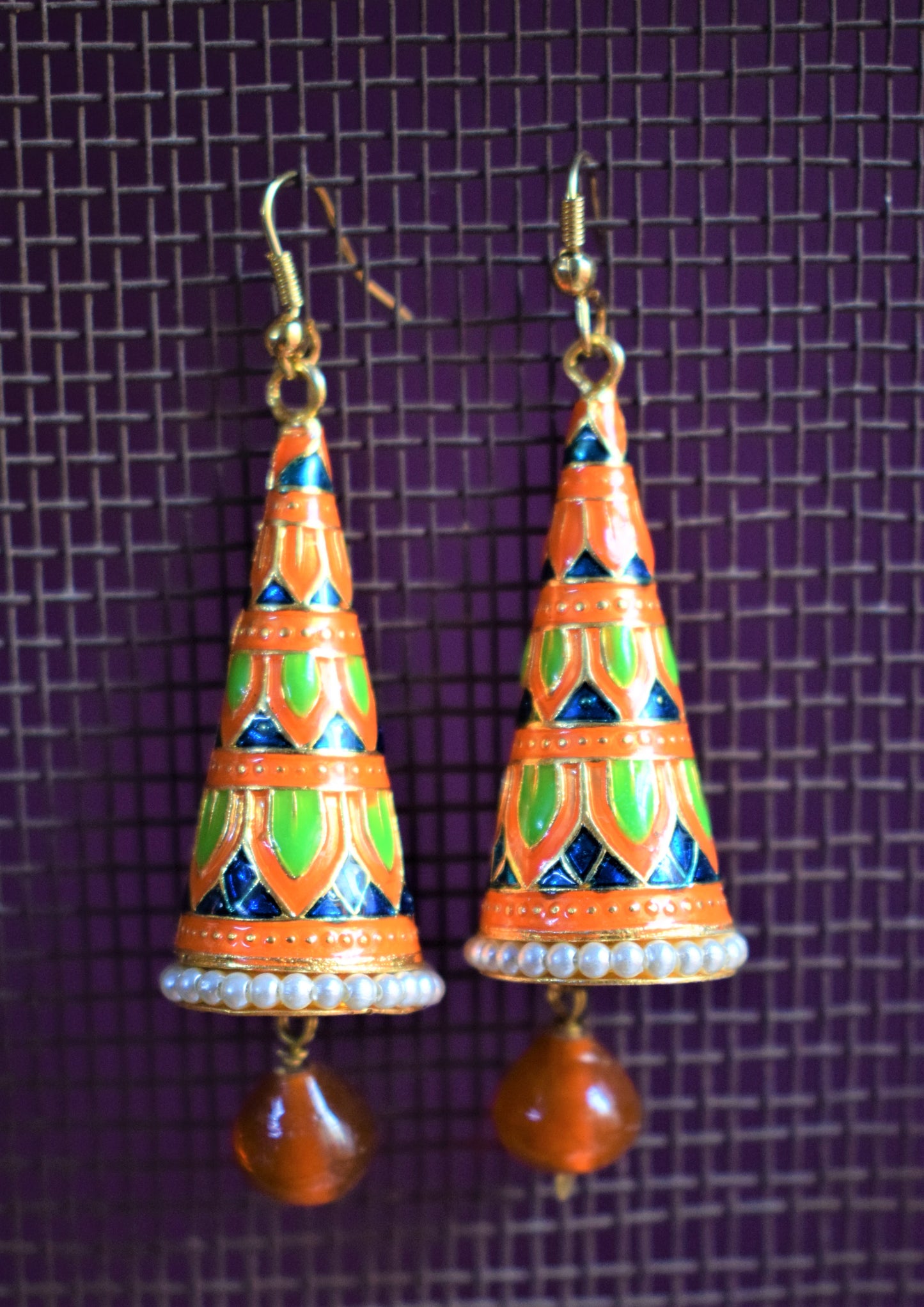 Meenakari Cone Earrings with Pearls - GlitterGleam