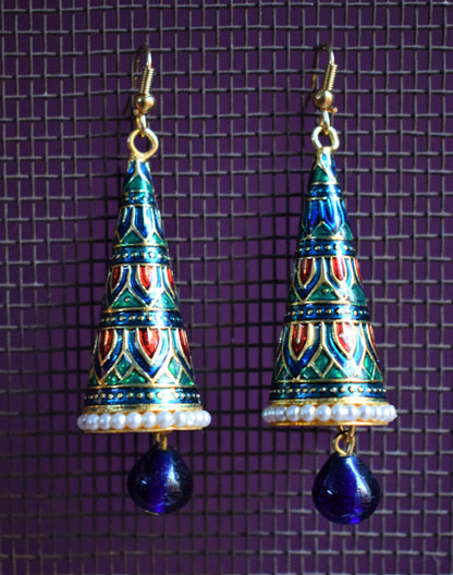 Meenakari Cone Earrings with Pearls - GlitterGleam