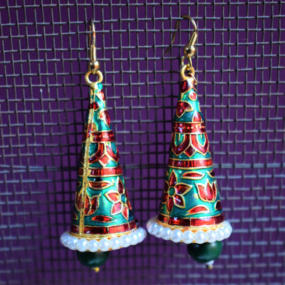Meenakari Cone Earrings with Pearls - GlitterGleam