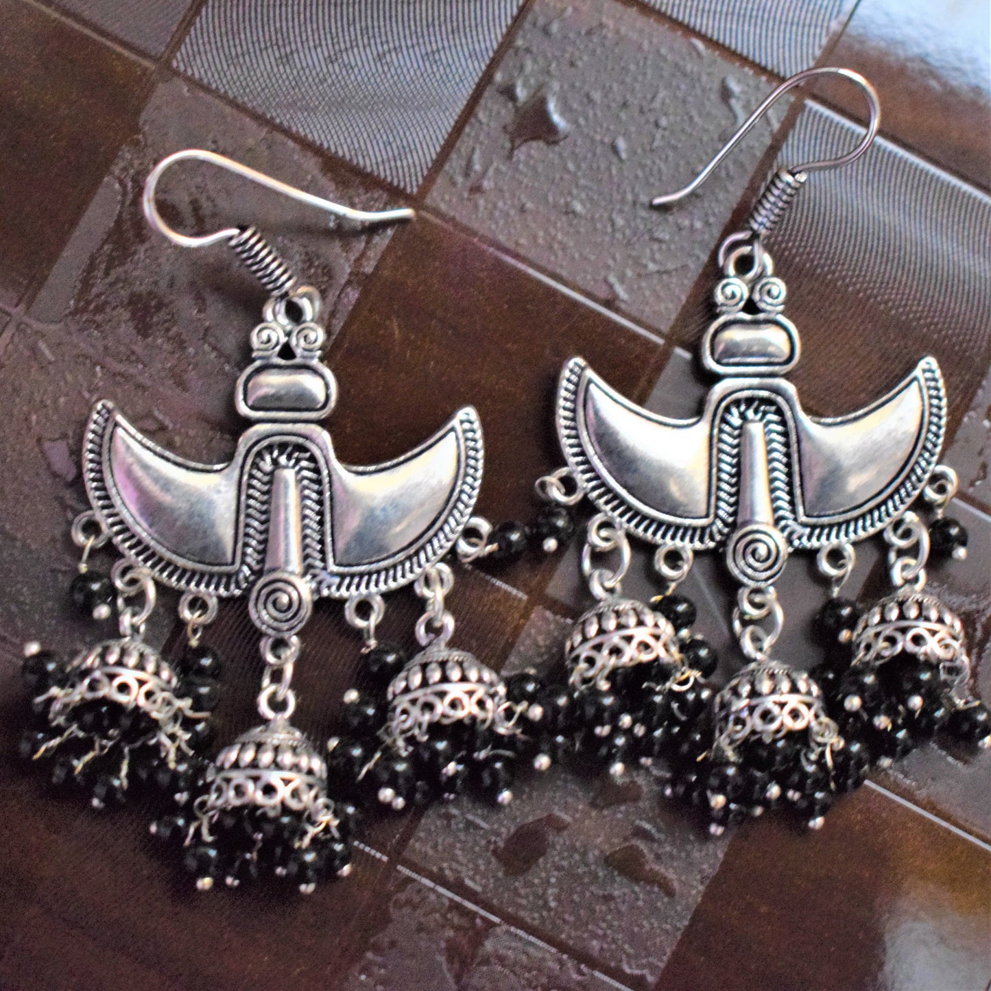 Silver Oxidised Anchor Danglers with Hanging Jhumki - GlitterGleam