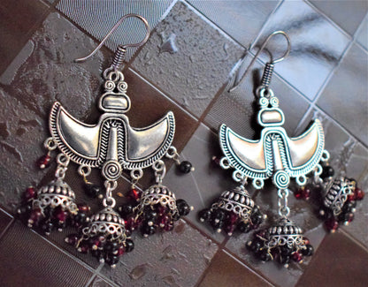 Silver Oxidised Anchor Danglers with Hanging Jhumki - GlitterGleam