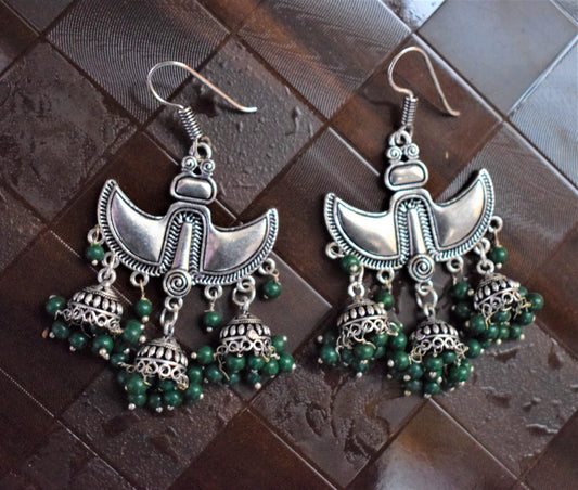 Silver Oxidised Anchor Danglers with Hanging Jhumki - GlitterGleam