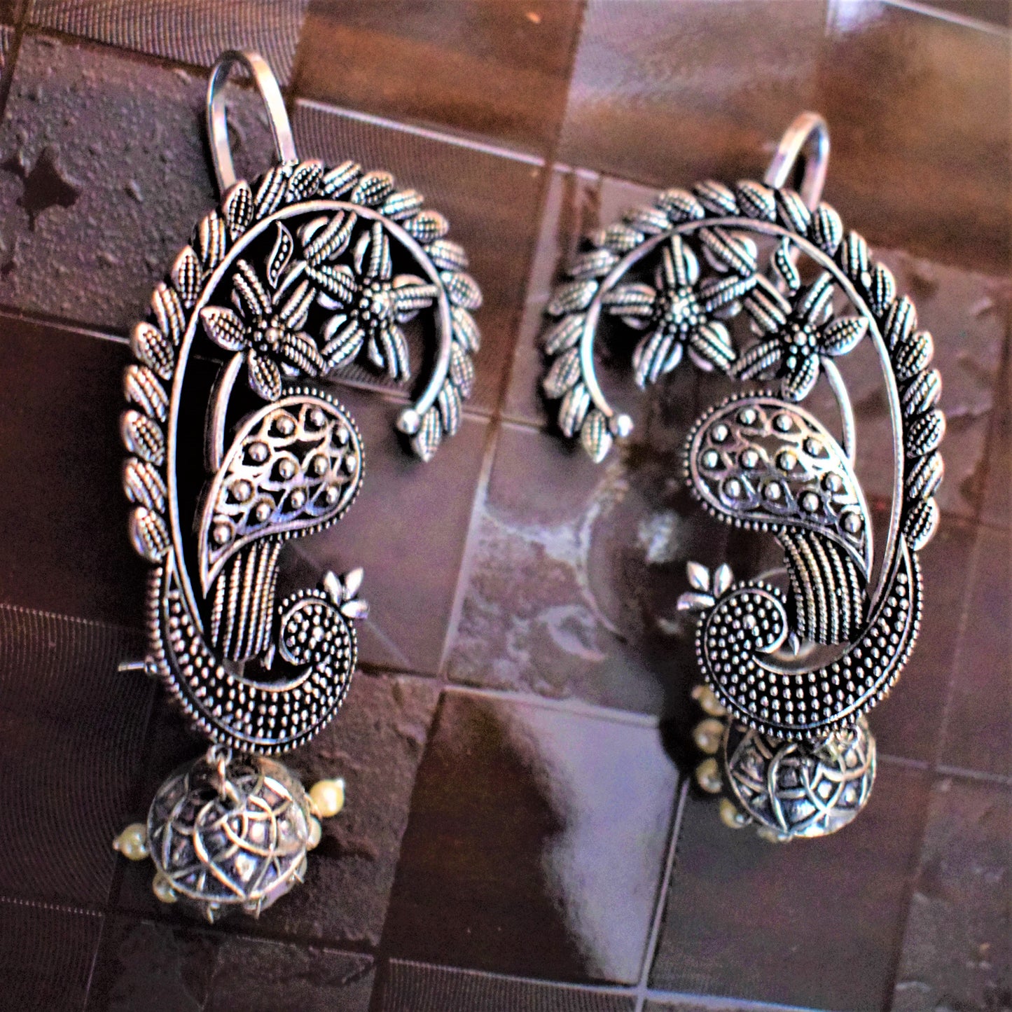 German Silver Carved Peacock Jhumki Ear Cuffs - GlitterGleam
