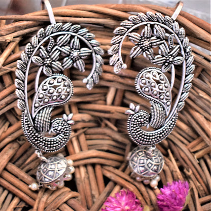 German Silver Carved Peacock Jhumki Ear Cuffs - GlitterGleam
