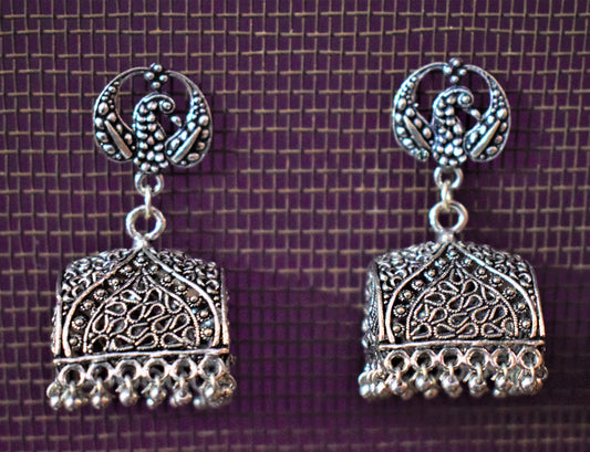 Silver Oxidized Peacock Geometrical Jhumki (Large Size) - GlitterGleam