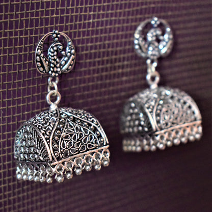 Silver Oxidized Peacock Geometrical Jhumki (Large Size) - GlitterGleam