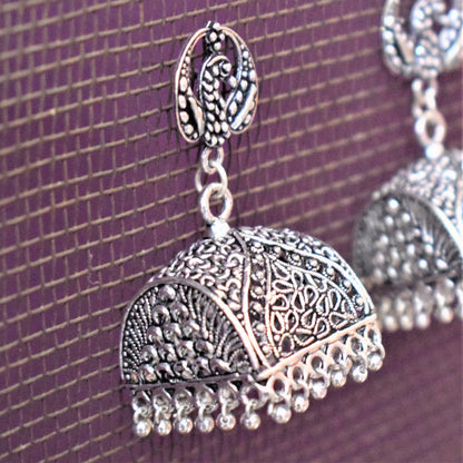 Silver Oxidized Peacock Geometrical Jhumki (Large Size) - GlitterGleam