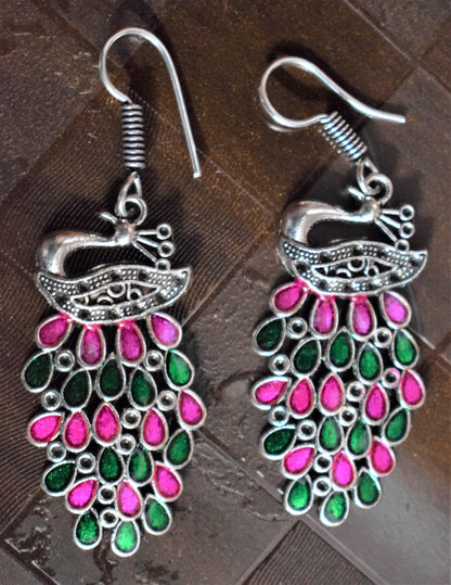 Silver Afghani Peacock Danglers - GlitterGleam