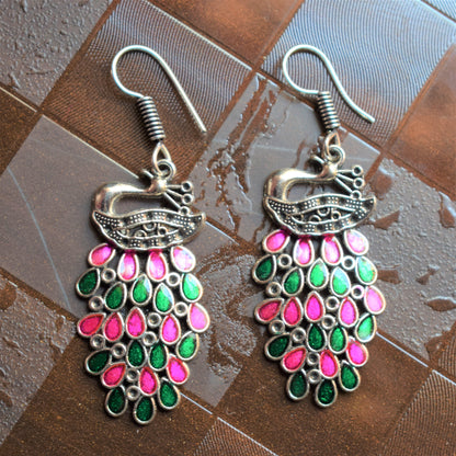 Silver Afghani Peacock Danglers - GlitterGleam