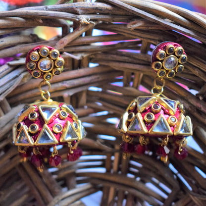 Hand-Painted Rajasthani Kundan Jhumki - GlitterGleam