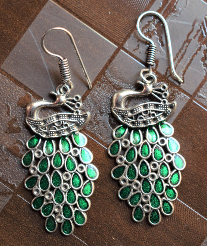 Silver Afghani Peacock Danglers - GlitterGleam