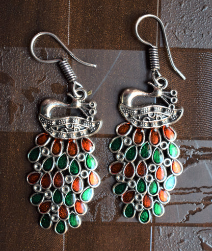 Silver Afghani Peacock Danglers - GlitterGleam