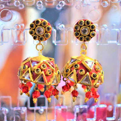 Hand-Painted Rajasthani Kundan Jhumki - GlitterGleam