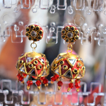 Hand-Painted Rajasthani Kundan Jhumki - GlitterGleam