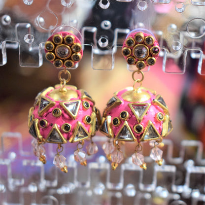 Hand-Painted Rajasthani Kundan Jhumki - GlitterGleam