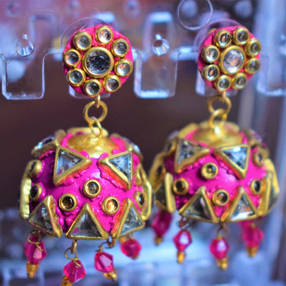 Hand-Painted Rajasthani Kundan Jhumki - GlitterGleam