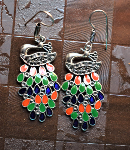 Silver Afghani Peacock Danglers - GlitterGleam