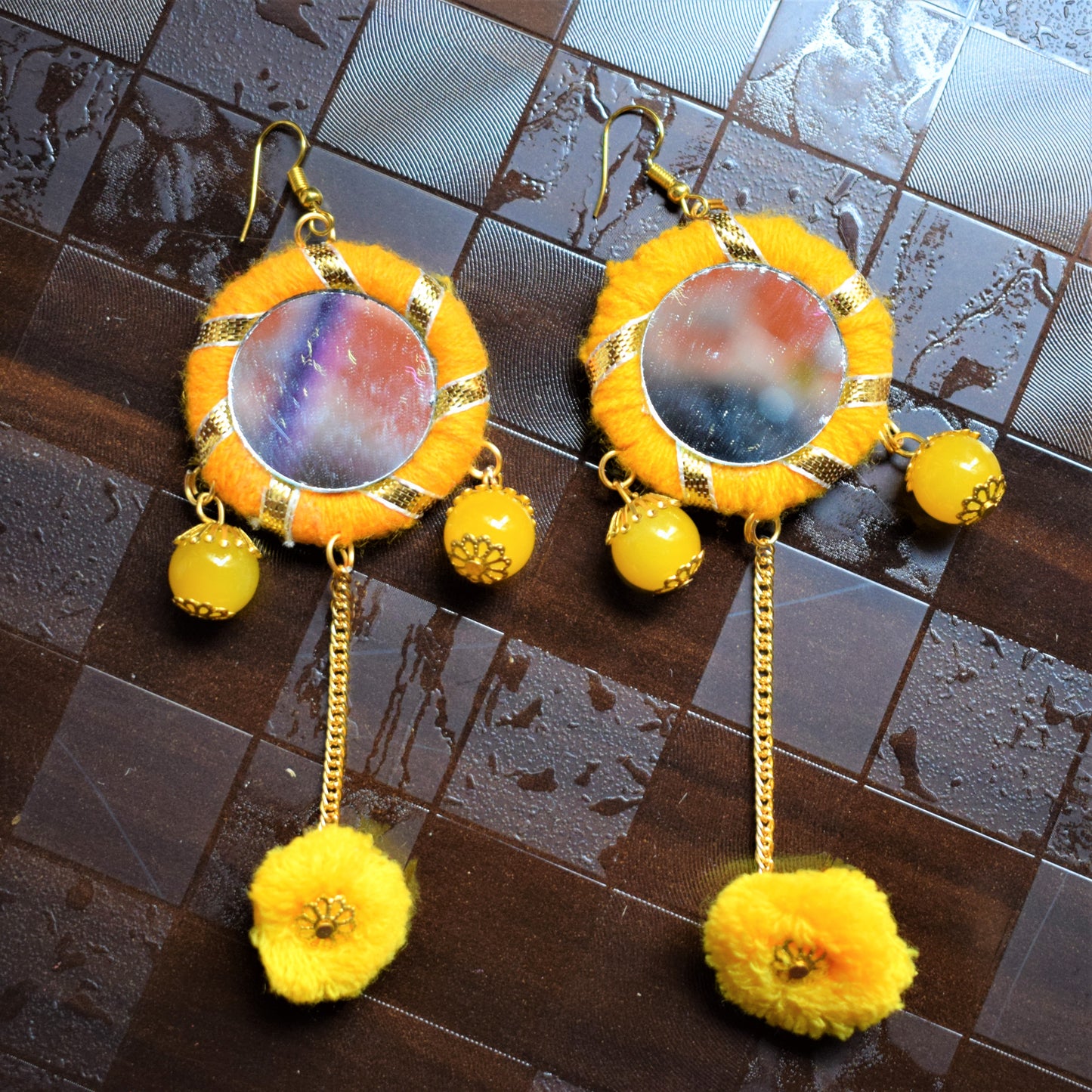 Yellow Gota and Mirror Pom-Pom Earrings - GlitterGleam