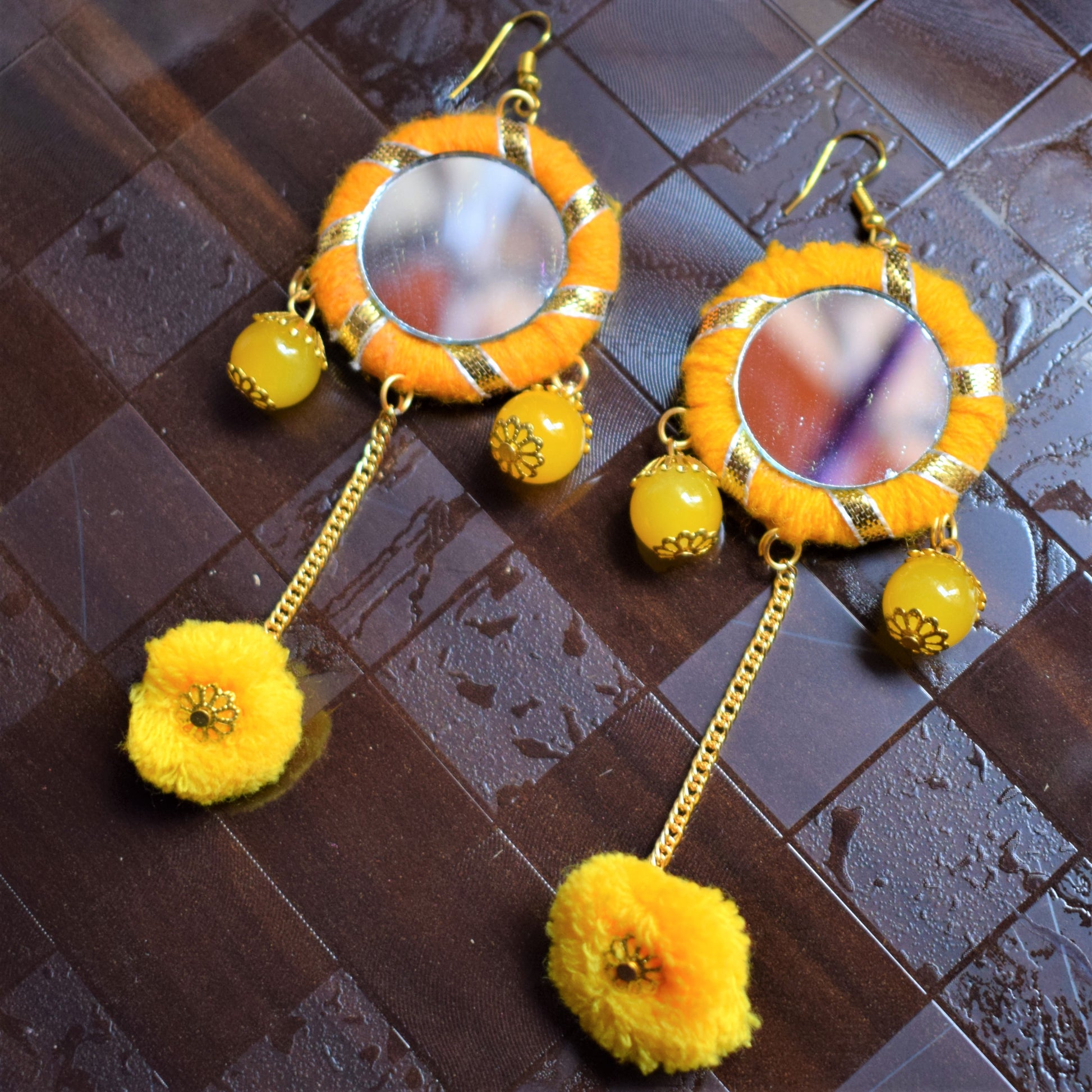 Yellow Gota and Mirror Pom-Pom Earrings - GlitterGleam