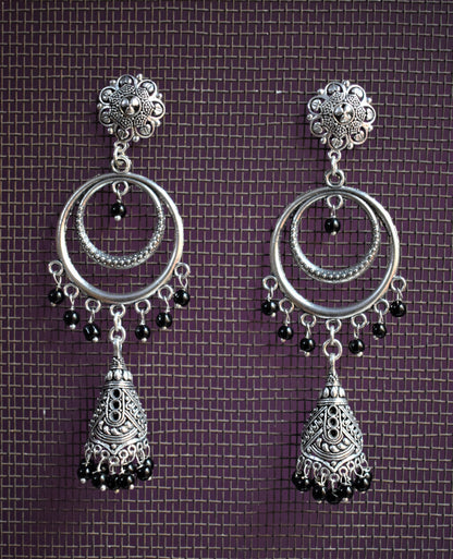 Silver Oxidised Chandbali Carved Funnel Jhumkis - GlitterGleam