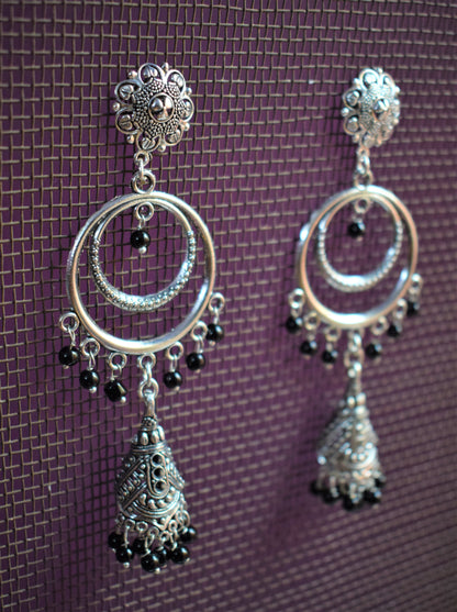 Silver Oxidised Chandbali Carved Funnel Jhumkis - GlitterGleam