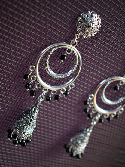 Silver Oxidised Chandbali Carved Funnel Jhumkis - GlitterGleam