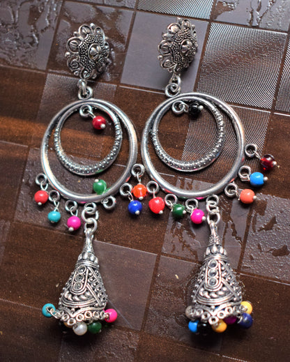 Silver Oxidised Chandbali Carved Funnel Jhumkis - GlitterGleam