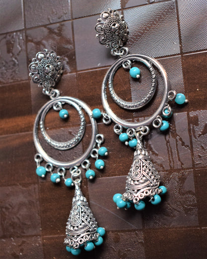 Silver Oxidised Chandbali Carved Funnel Jhumkis - GlitterGleam