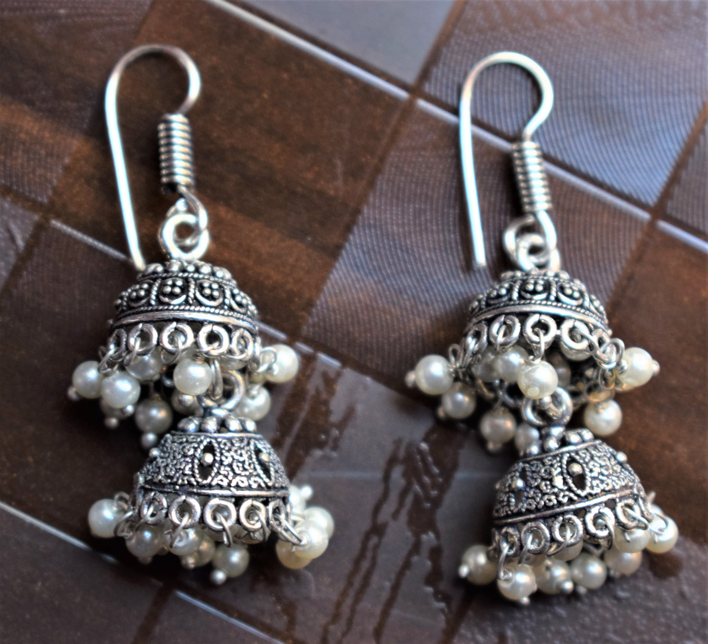 Silver Oxidized Layered Jhumki (Small Size) - GlitterGleam